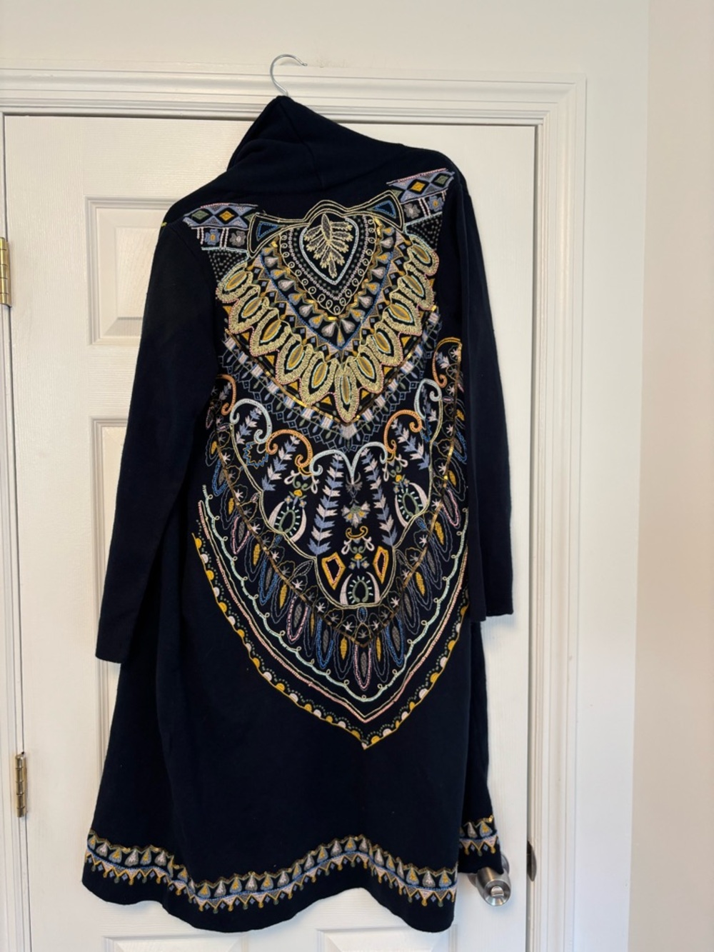 Soft Surroundings Navy Embroidered Long Duster Cardigan Sweater Size M Boho - Picture 3 of 11